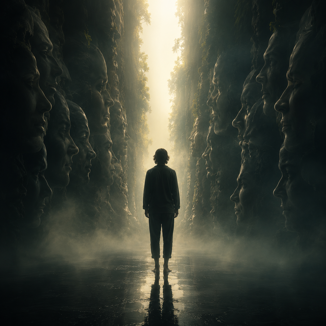 A figure standing between walls of carved faces, facing the light