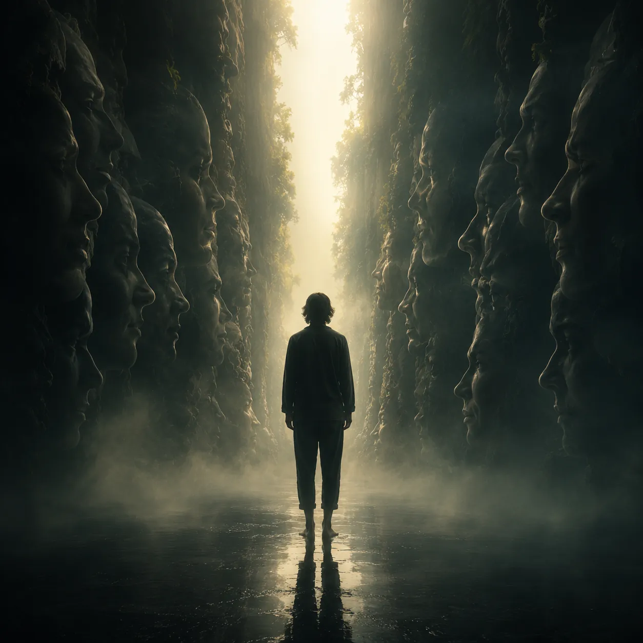 A figure standing between walls of carved faces, facing the light