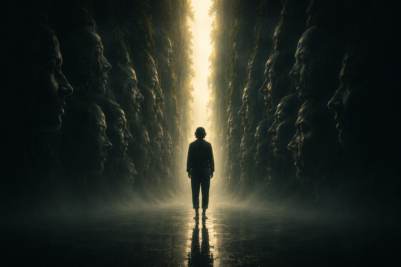 A figure standing between walls of carved faces, facing the light