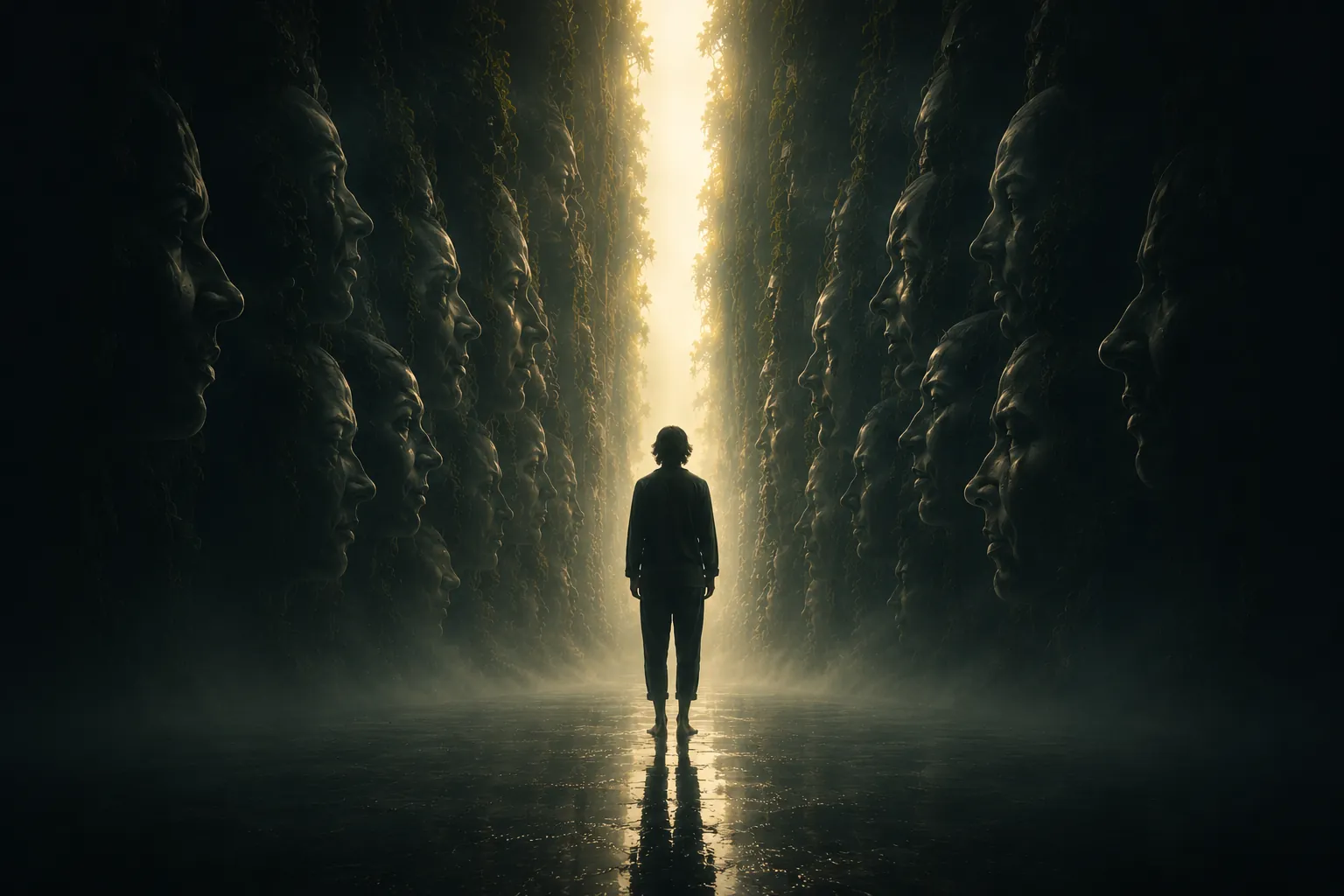 A figure standing between walls of carved faces, facing the light