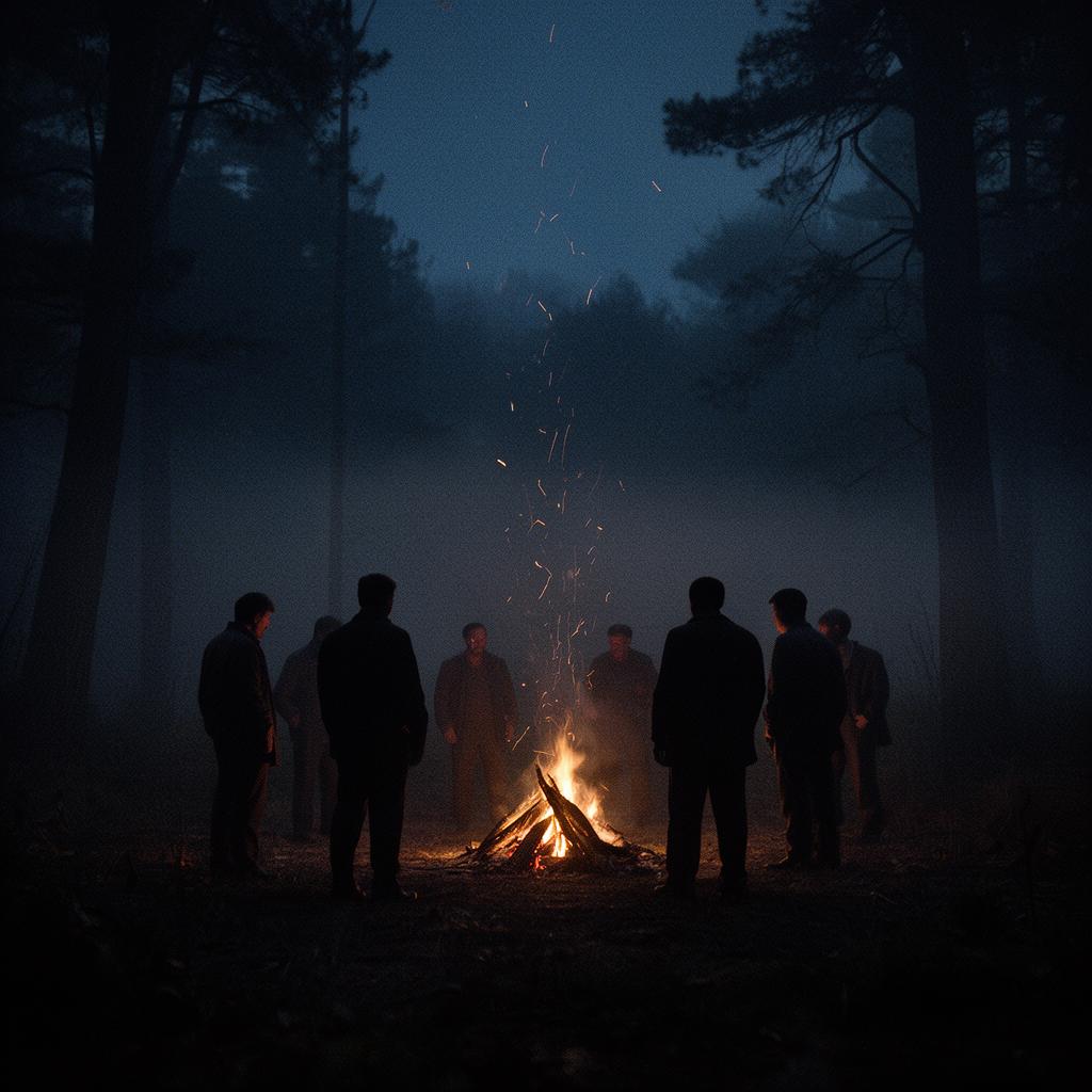 Silhouettes of men gathered around a bonfire in a misty forest at night